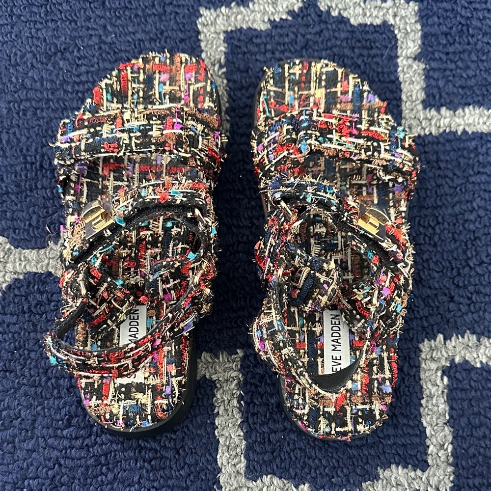 Steve Madden women’s Multicolor Tweed Slide Sandals with Gold Accent